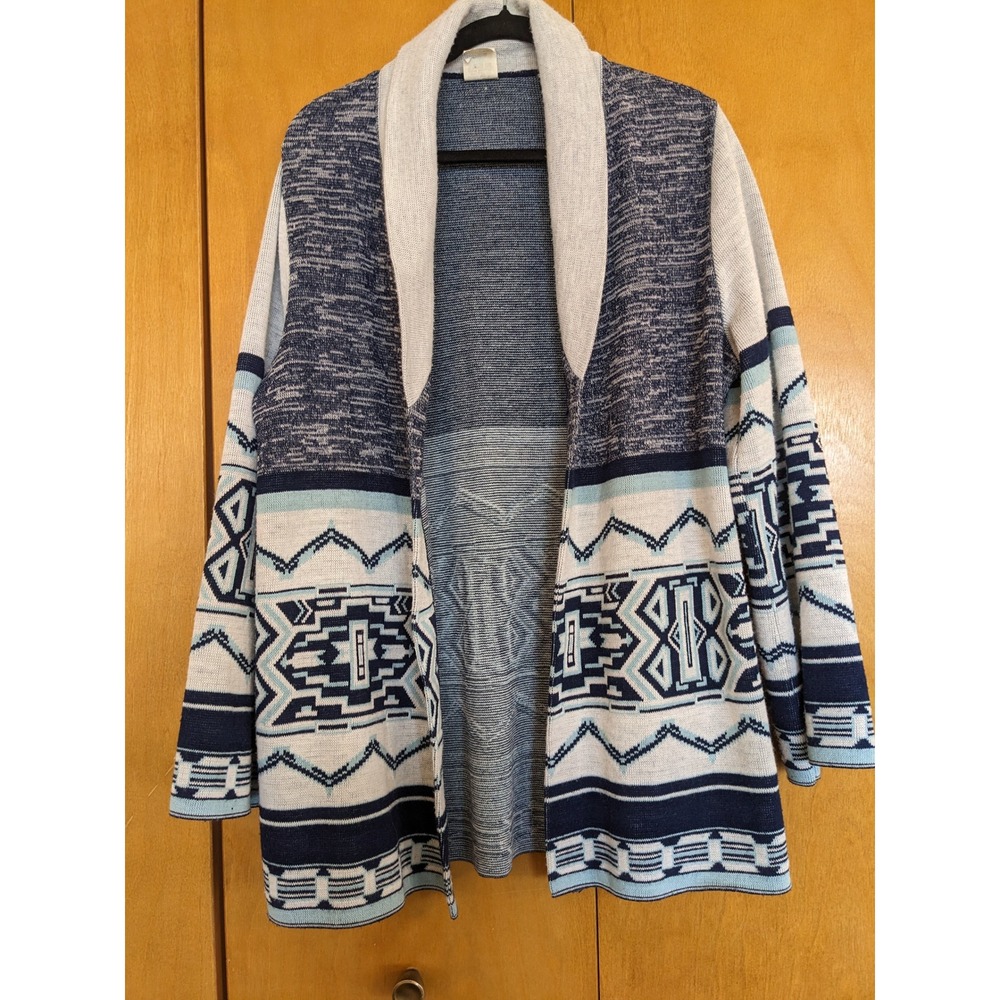 Vintage Southwestern Geometric Shawl Collar Open Front Cardigan Blue Cream M